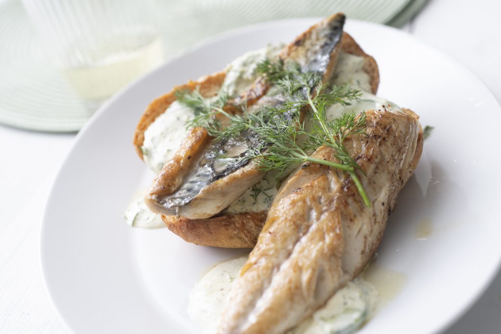 Gebakken makreel in volkoren bol met yoghurt-komkommerdressing
